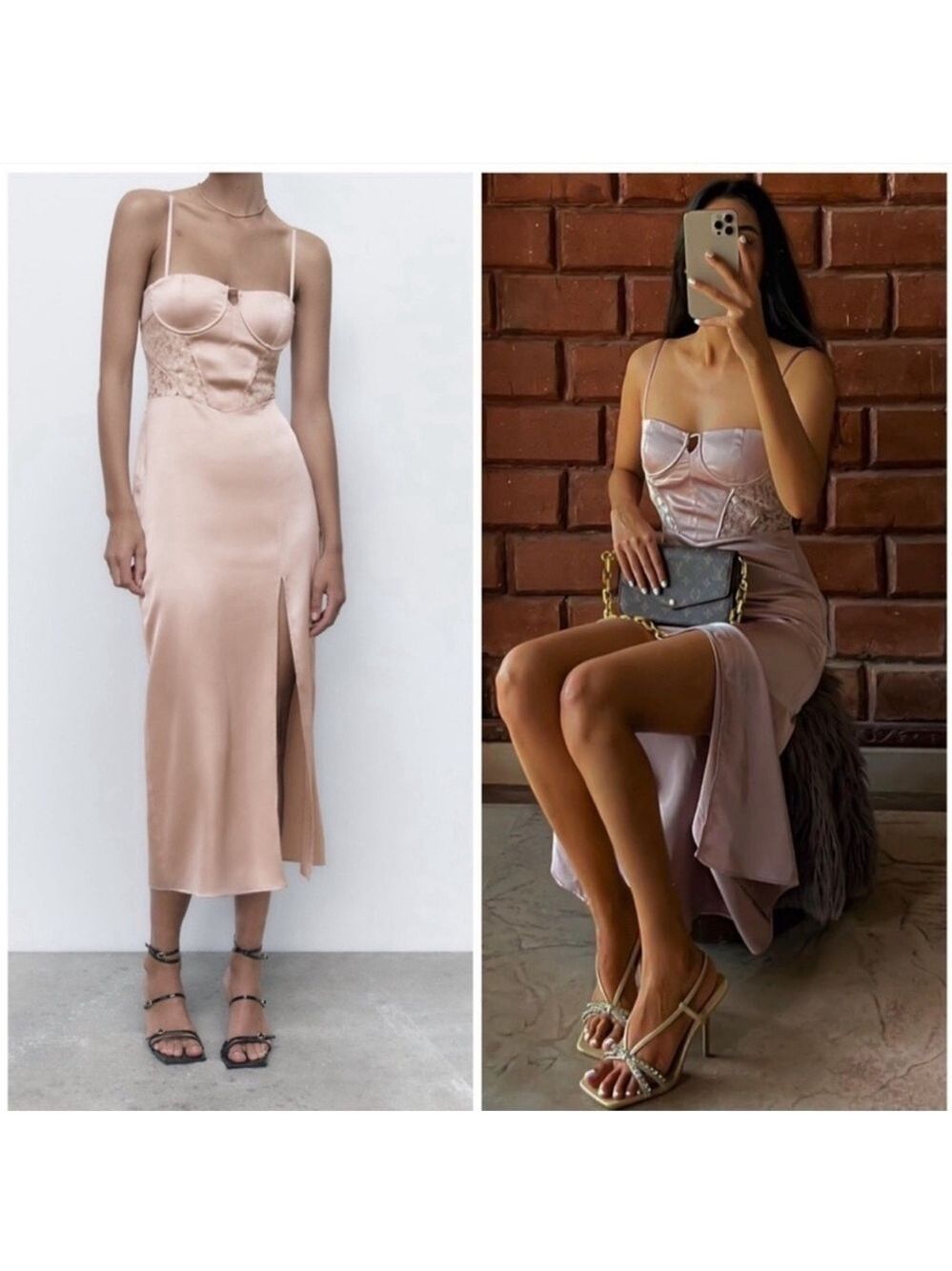 Zara nude beige pink satin effect bodycon corset bustier midi dress Sz M NWOT